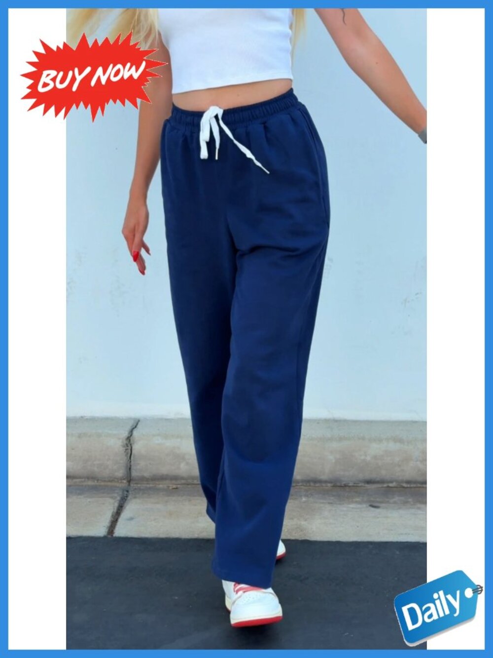 Fleece Wide Leg Sweatpants Low Rise Drawstring Pockets - Picture 6 of 6